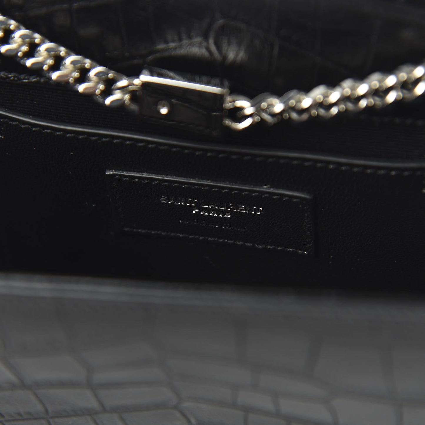 Calfskin Crocodile Embossed Medium Classic Monogram Kate Tassel Satchel Black