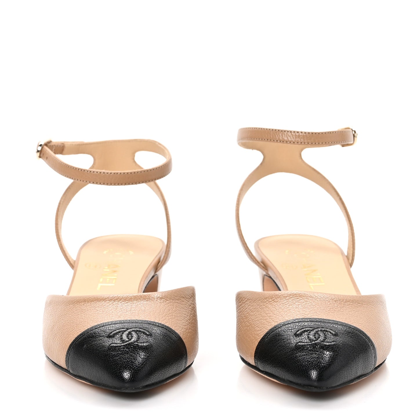 Lambskin Cap Toe CC Slingback Sandals 37.5 Beige Black