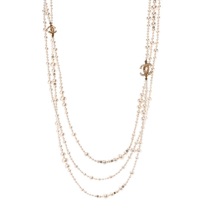 Chanel Metal Pearl Crystal Graduated CC Multi Strand Necklace Gold 1 of 5