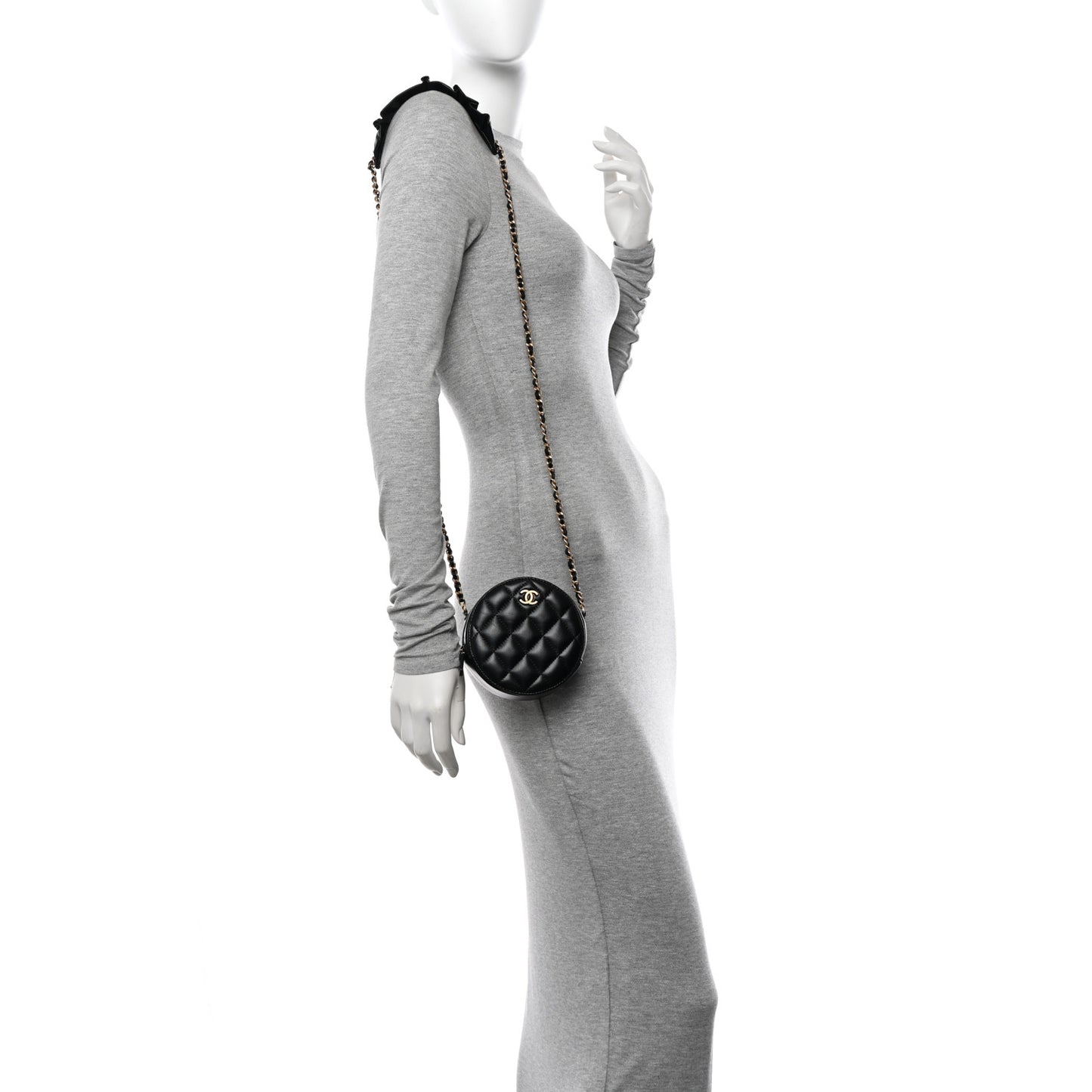 Lambskin Quilted Romance Round Clutch With Chain Black
