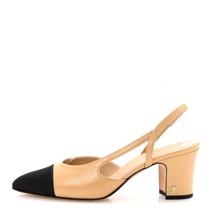 Chanel Goatskin Grosgrain Cap Toe CC Slingback Pumps 37.5 Beige Black 1 of 9