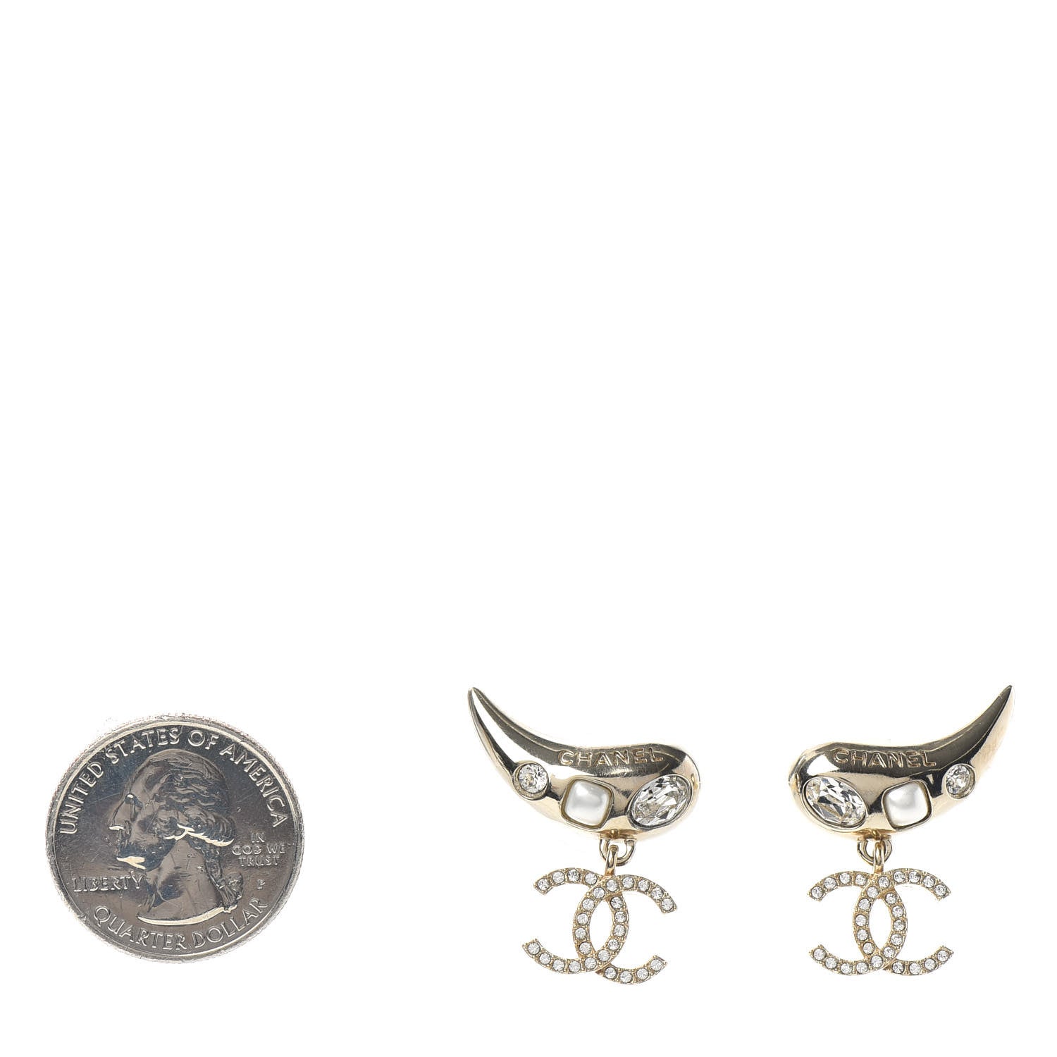 Chanel Crystal Pearl CC Drop Earrings Gold 2 of 4