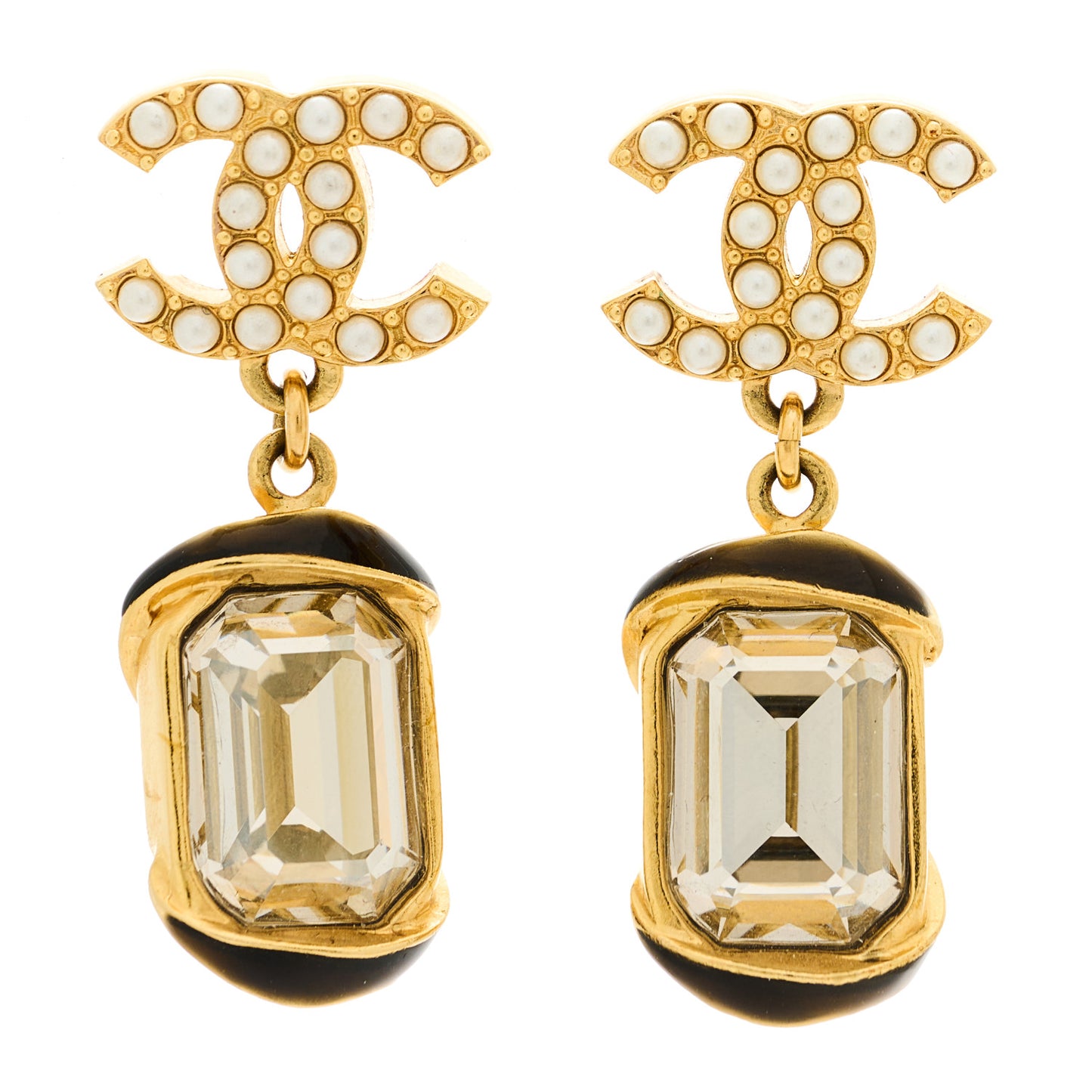 Crystal Pearl CC Drop Earrings Gold White