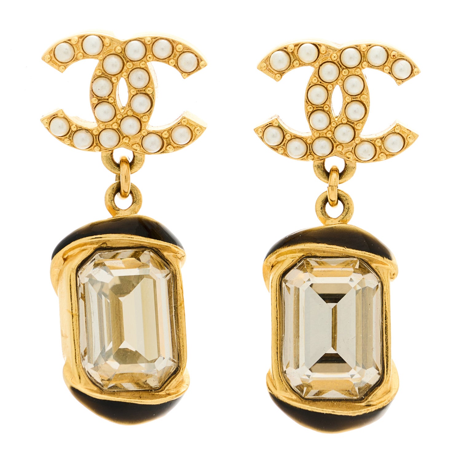 Chanel Crystal Pearl CC Drop Earrings Gold White 1 of 5