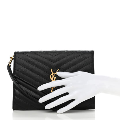 Saint Laurent Grain De Poudre Matelasse Chevron Monogram Envelope Clutch Black 2 of 8