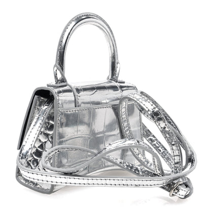 Balenciaga Metallic Calfskin Crocodile Embossed Hourglass Top Handle Bag Mini Silver 3 of 9