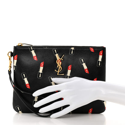 Saint Laurent Calfskin Lipstick Print Monogram Pouch Black 2 of 7
