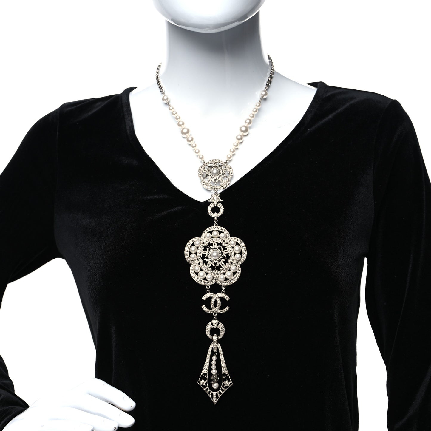 Crystal Pearl CC Camellia Necklace Silver White