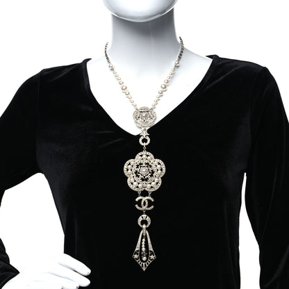 Chanel Crystal Pearl CC Camellia Necklace Silver White 2 of 5
