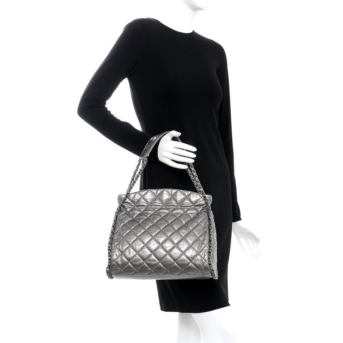 Metallic Calfskin Quilted Medium Chain Me Hobo Dark Silver