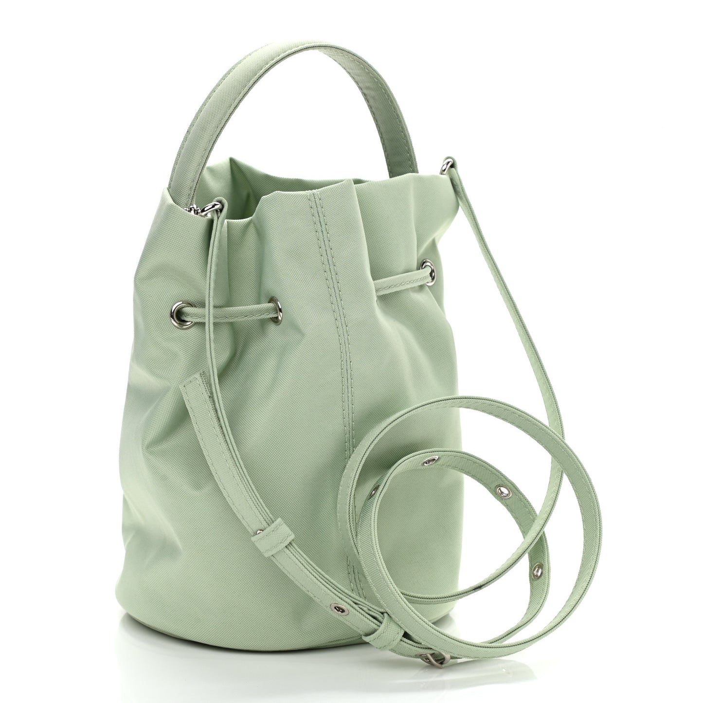 Recycled Sport Nylon Logo Embroidered Wheel Drawstring Bucket Bag Light Green White