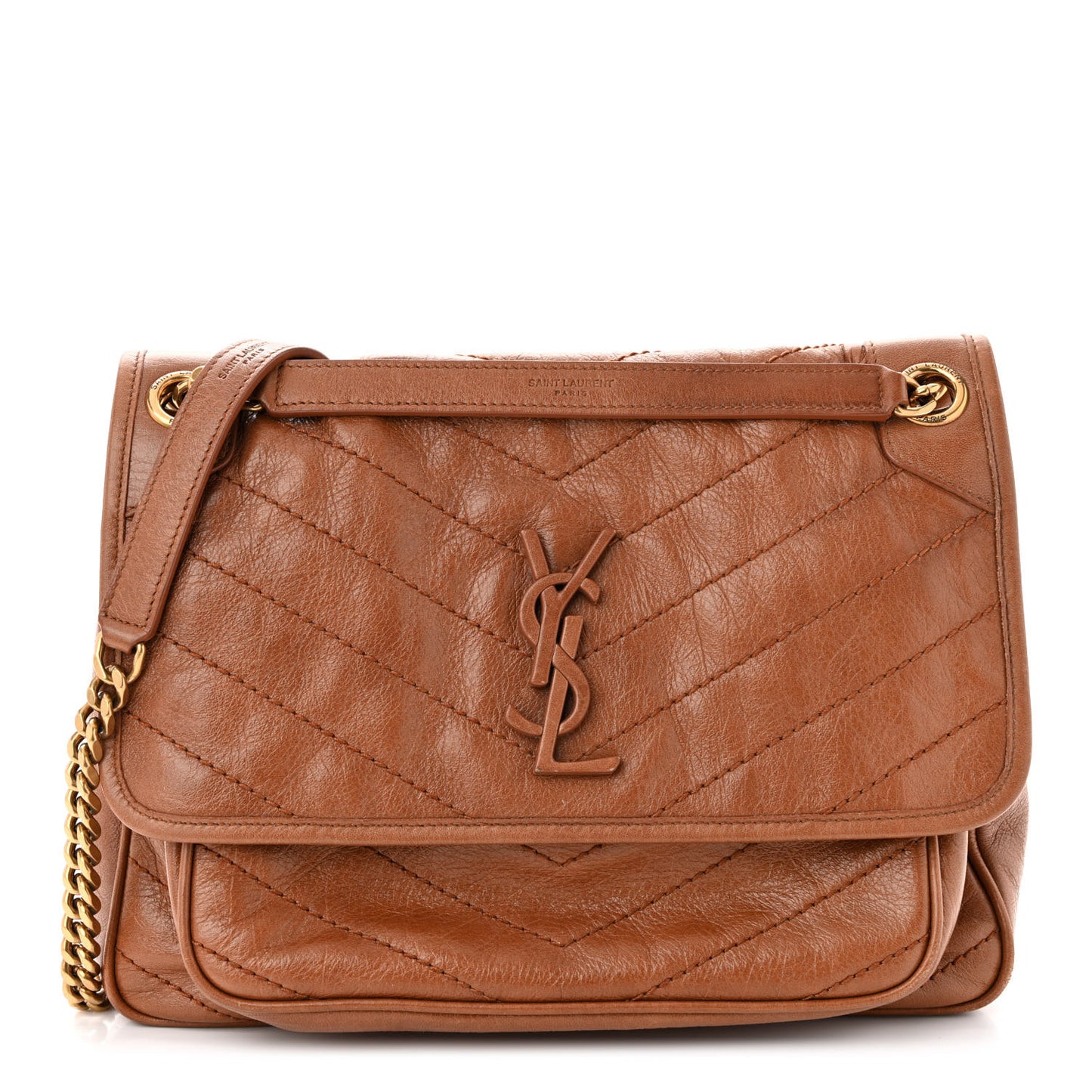 Crinkled Calfskin Matelasse Monogram Medium Niki Chain Satchel Light Caramel