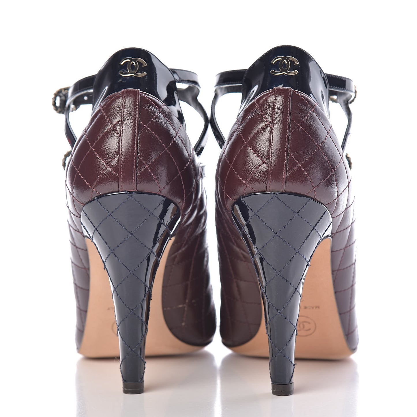 Patent Calfskin Quilted CC Cap Toe Pumps 37 Burgundy Navy