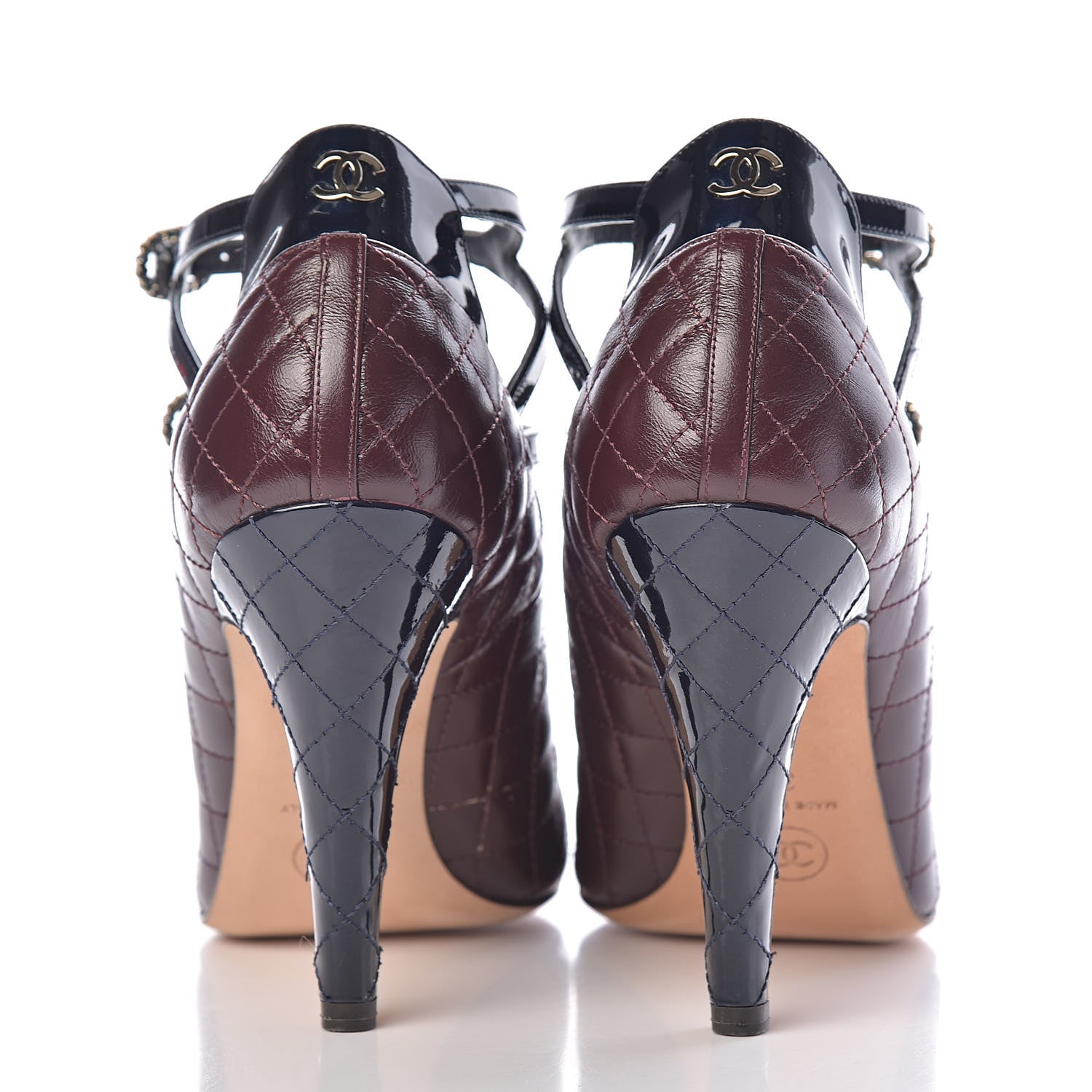 Chanel Patent Calfskin Quilted CC Cap Toe Pumps 37 Burgundy Navy 10 of 12