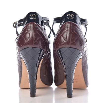 Chanel Patent Calfskin Quilted CC Cap Toe Pumps 37 Burgundy Navy 10 of 12