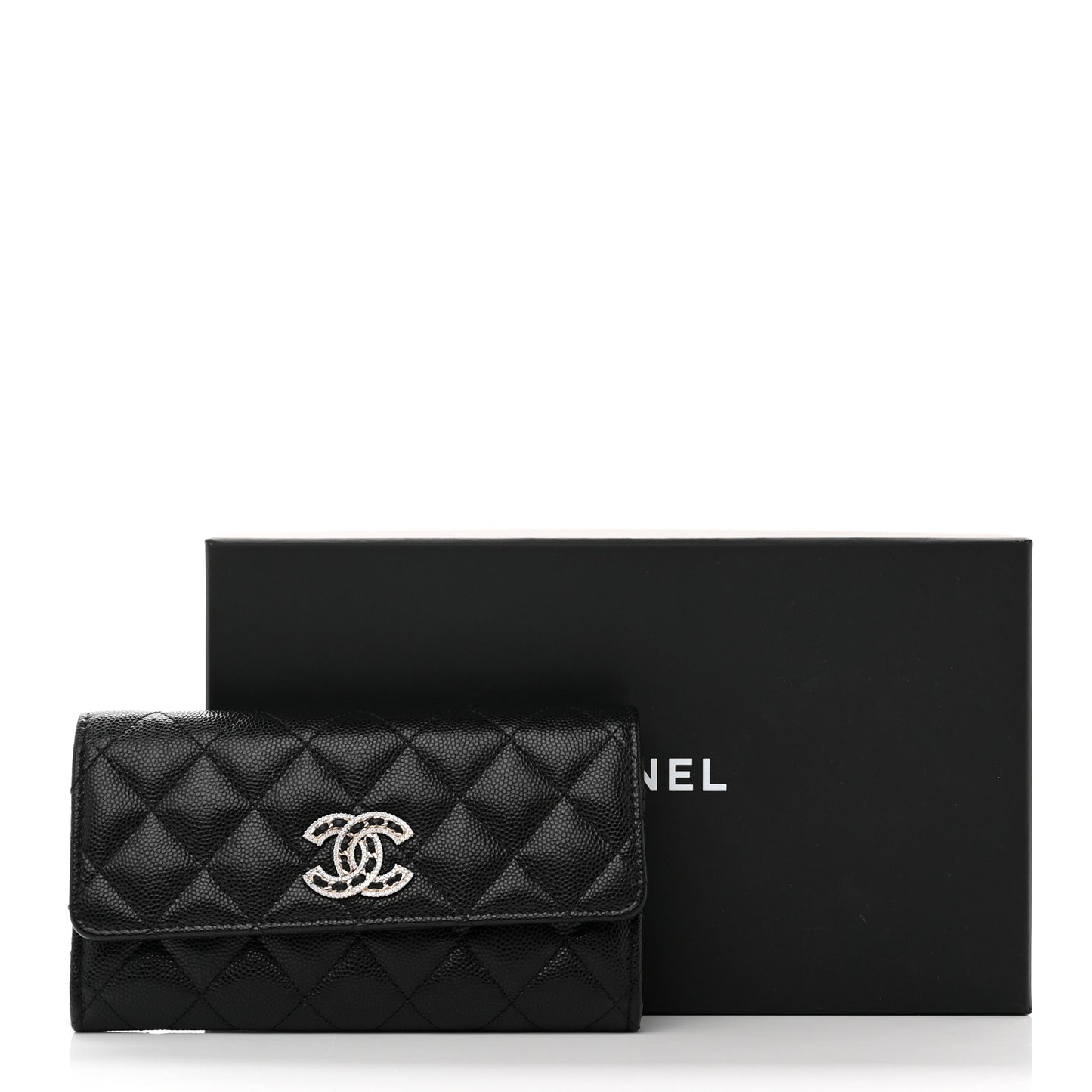 Caviar Quilted Crystal CC Large Gusset Flap Wallet Black