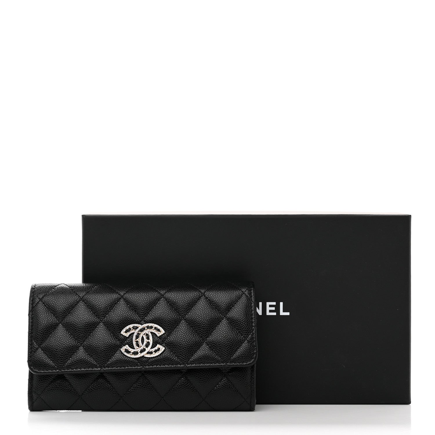 Chanel Caviar Quilted Crystal CC Large Gusset Flap Wallet Black 9 of 9