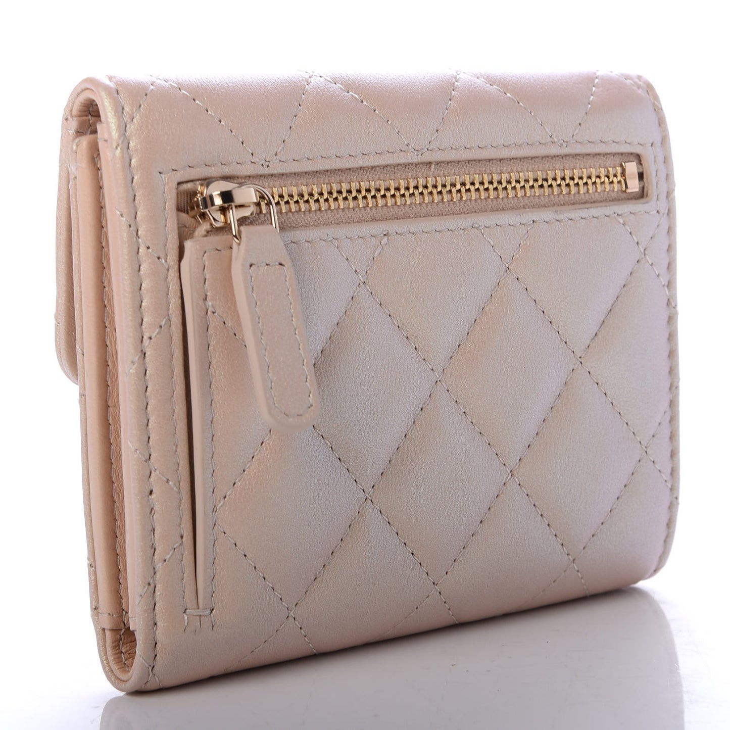 Iridescent Calfskin Quilted Compact Flap Wallet Beige