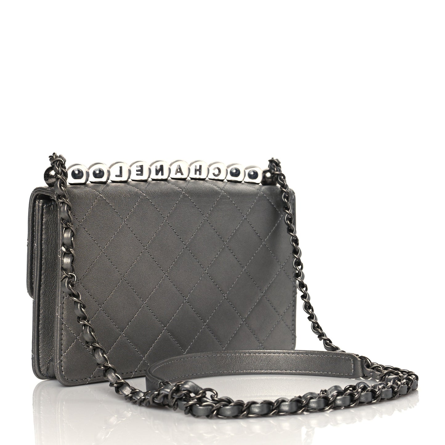 Metallic Goatskin Quilted Small Chic Pearls Flap Silver