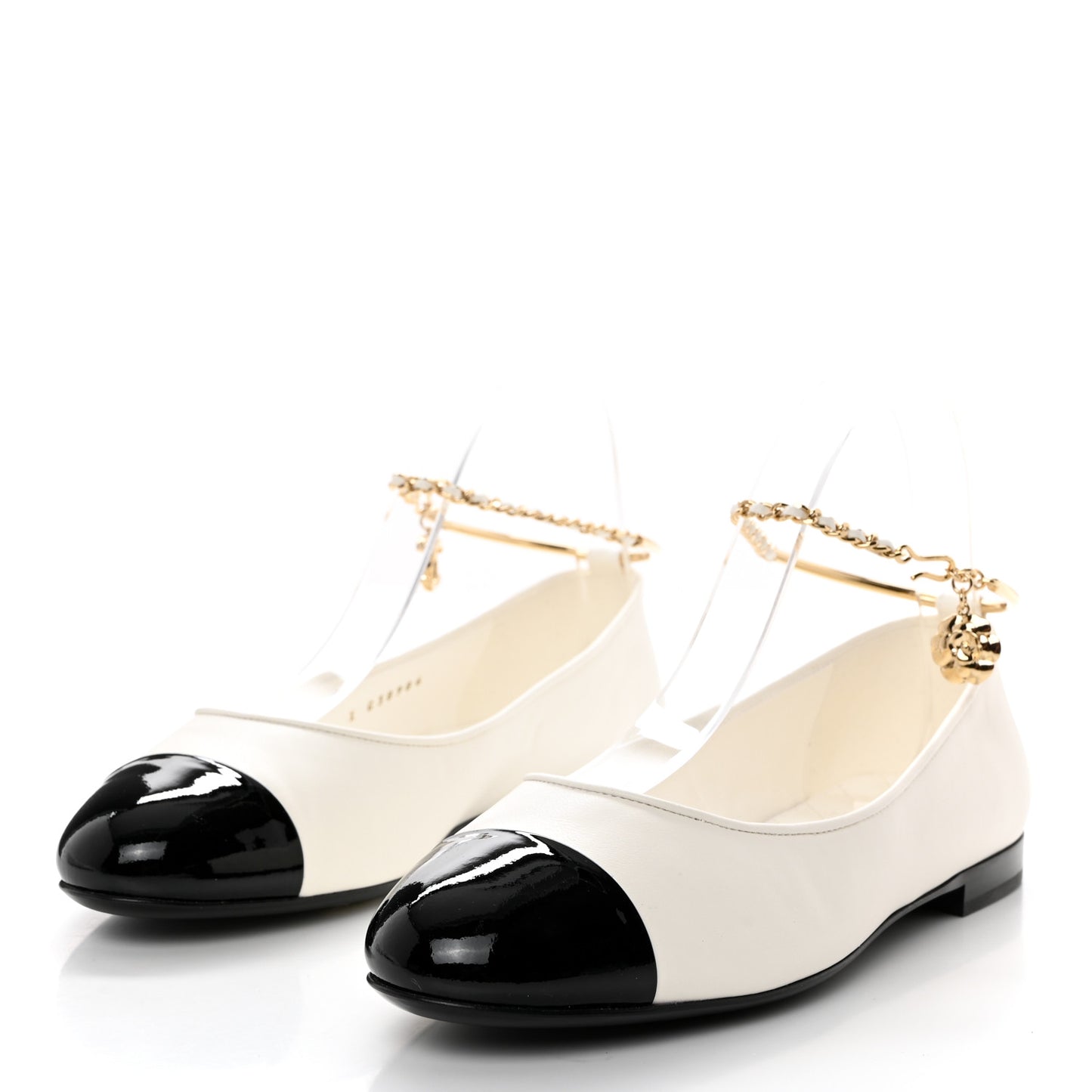 Lambskin Patent Calfskin Cap Toe Ankle Chain Ballerina Flats 39.5 White Black