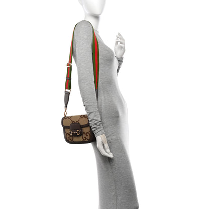 Gucci Monogram Jumbo GG Textured Dollar Calfskin Web Mini Horsebit 1955 Shoulder Bag  Camel Ebony New Acero 2 of 10