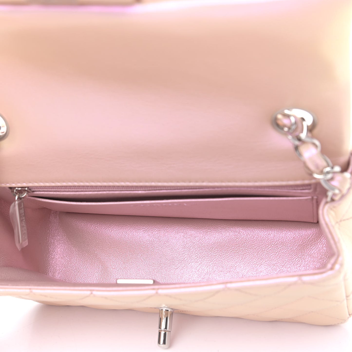 Iridescent Calfskin Quilted Mini Rectangular Flap Pink
