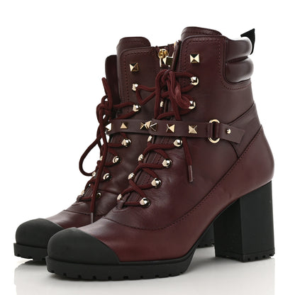 Valentino Garavani Calfskin Rockstud Cap Toe Combat Boots 37 Burgundy Black 3 of 9