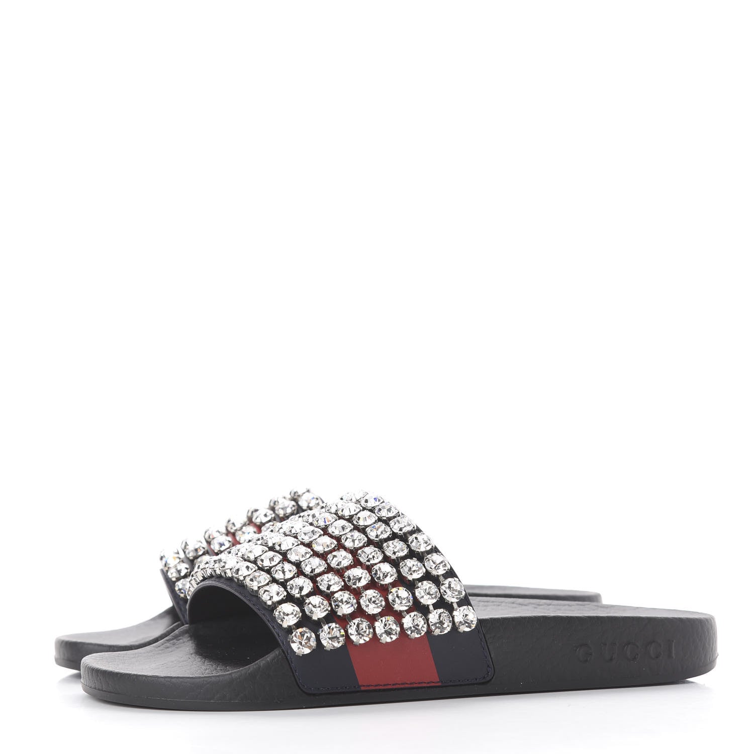 Gucci Calfskin Crystal Embellished Web Slide Sandals 35 Blue Red 2 of 9