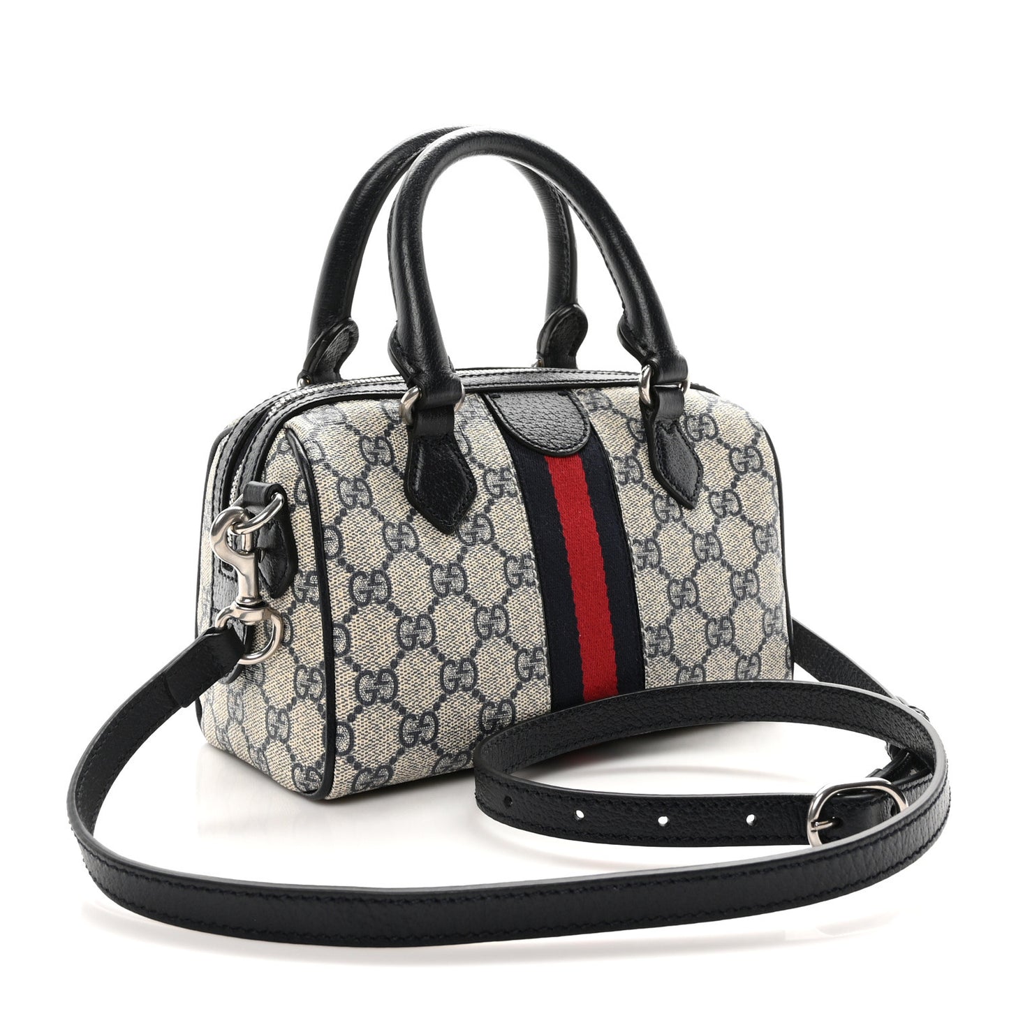 GG Supreme Monogram Textured Dollar Calfskin Web Mini Ophidia Top Handle Bag Beige Blue