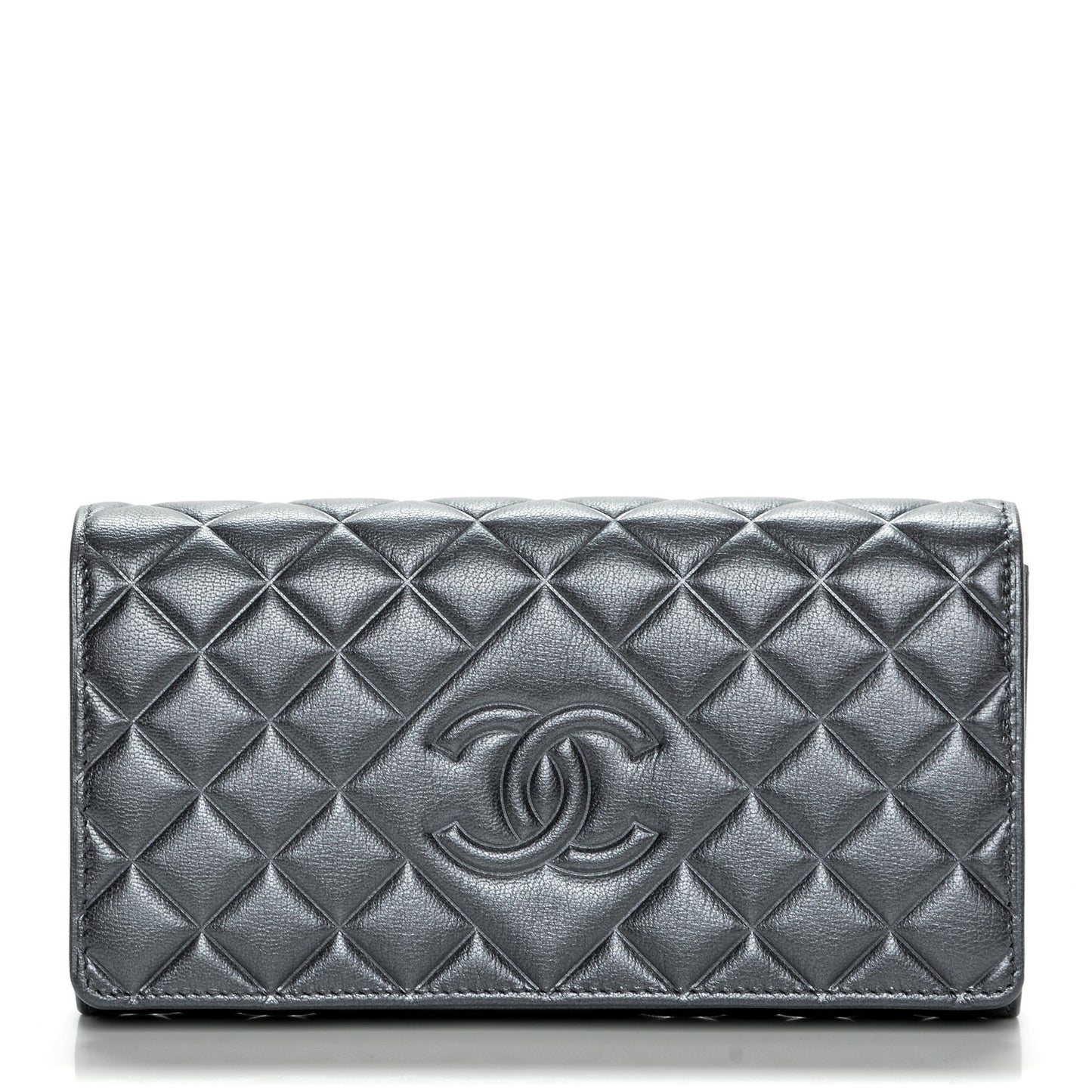 Calfskin Quilted Large Diamond CC Flap Wallet Dark Silver