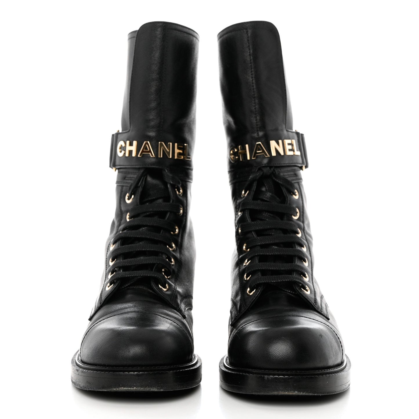Shiny Calfskin Lace Up Combat Boots 37 Black