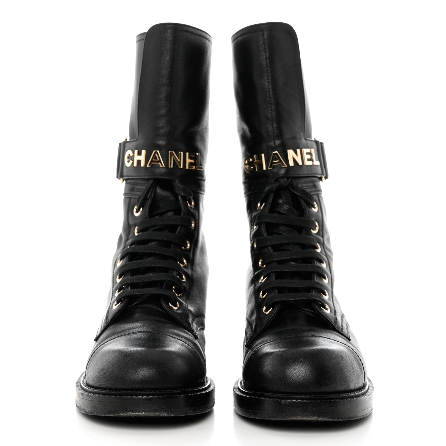 Chanel Shiny Calfskin Lace Up Combat Boots 37 Black 2 of 10