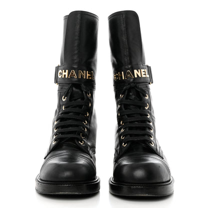 Chanel Shiny Calfskin Lace Up Combat Boots 37 Black 2 of 10