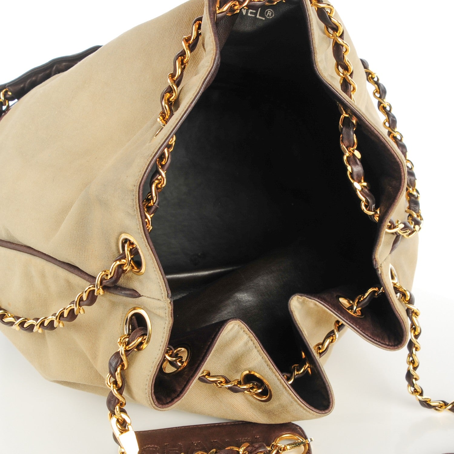 Chanel Canvas Calfskin Drawstring Shoulder Bag Beige Brown 9 of 16