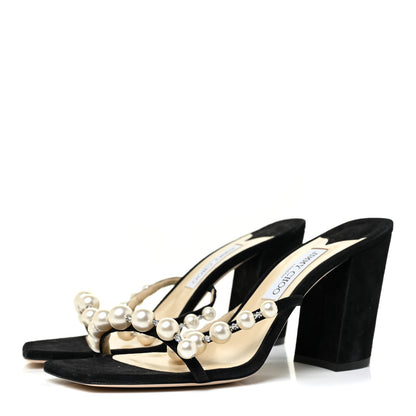 Jimmy Choo Suede Amara 85 Pearl Block Heel Sandals 42 Black 3 of 9