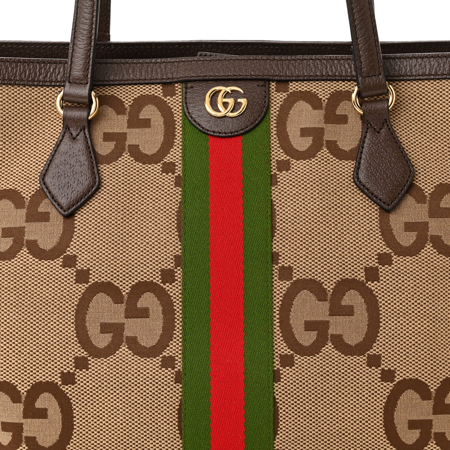 Monogram Jumbo GG Textured Dollar Calfskin Web Medium Ophidia Shopping Tote Camel Ebony