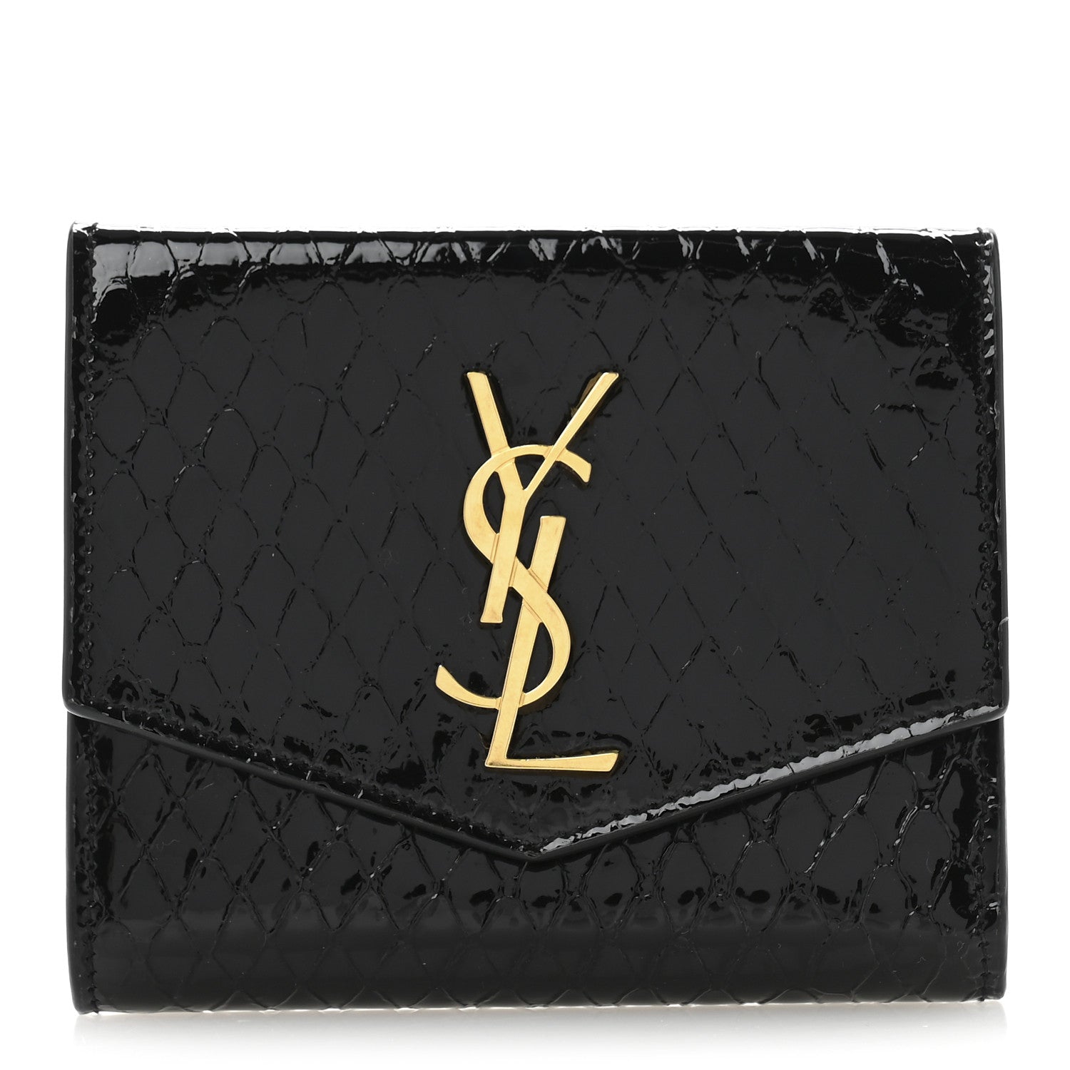 Saint Laurent Patent Calfskin Snakeskin Embossed Uptown Monogram Card Case Black 1 of 8