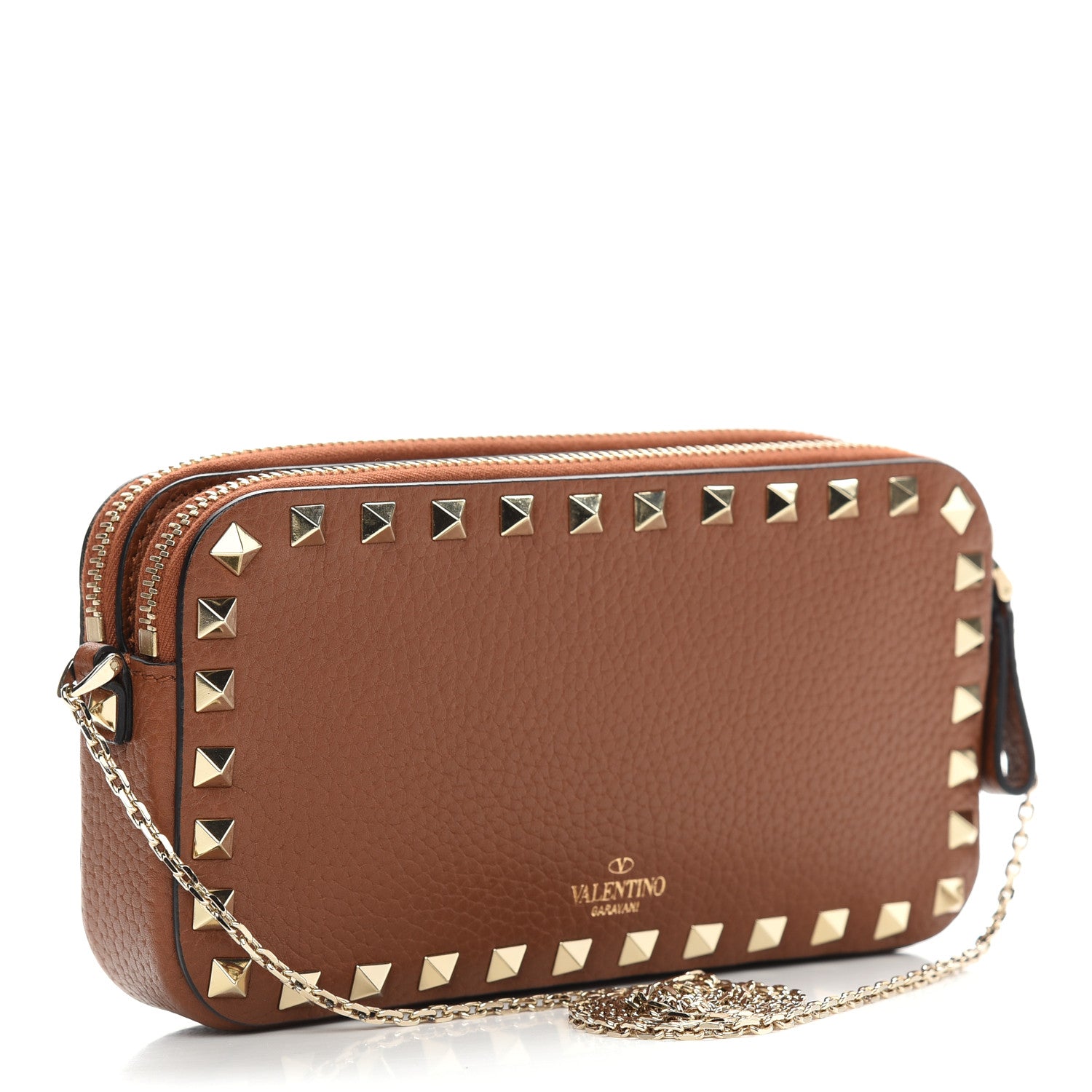 Valentino Garavani Pebbled Calfskin Rockstud Chain Pouch Shoulder Bag Bright Cognac 3 of 9