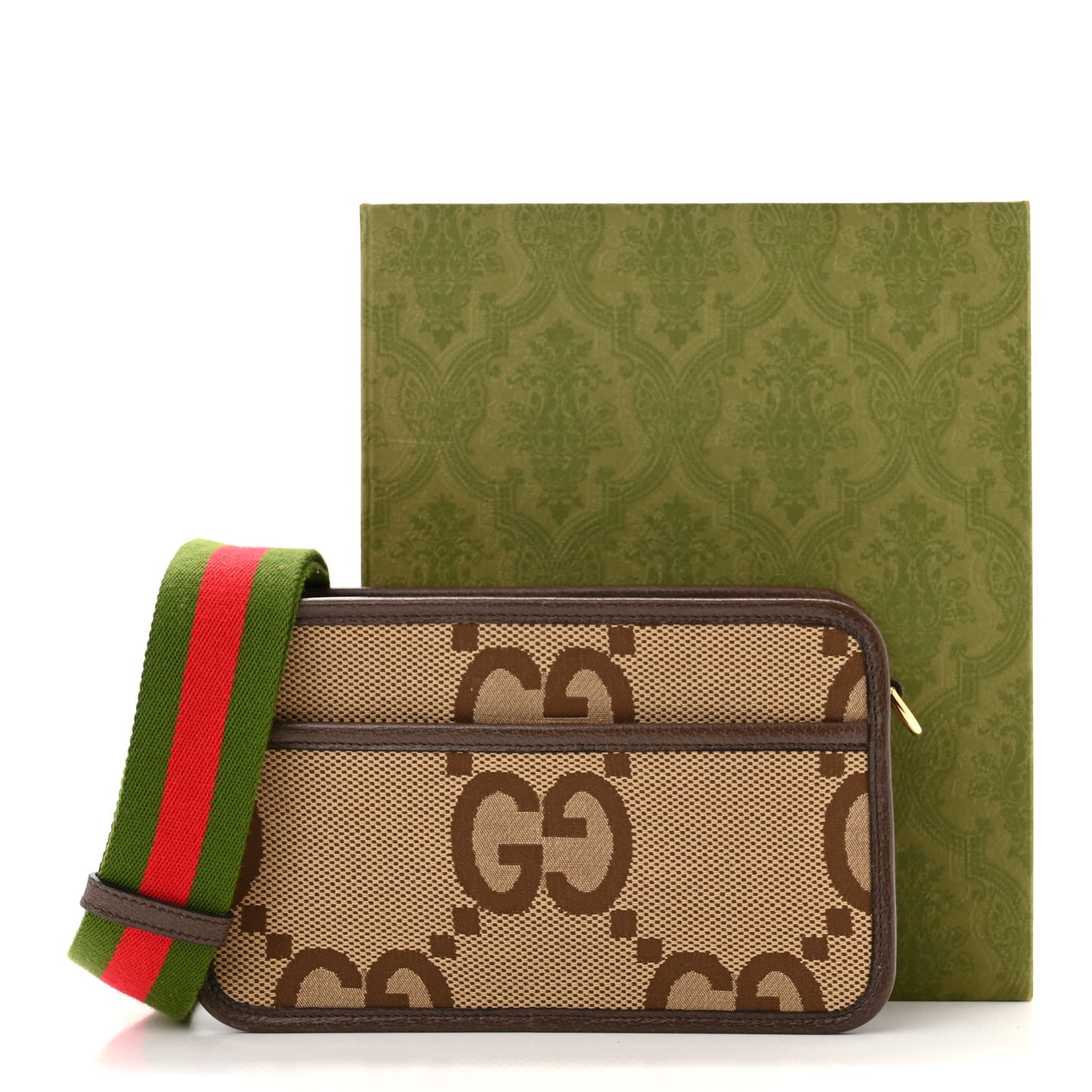 Monogram Jumbo GG Textured Dollar Calfskin Web Mini Crossbody Bag Camel Ebony New Acero