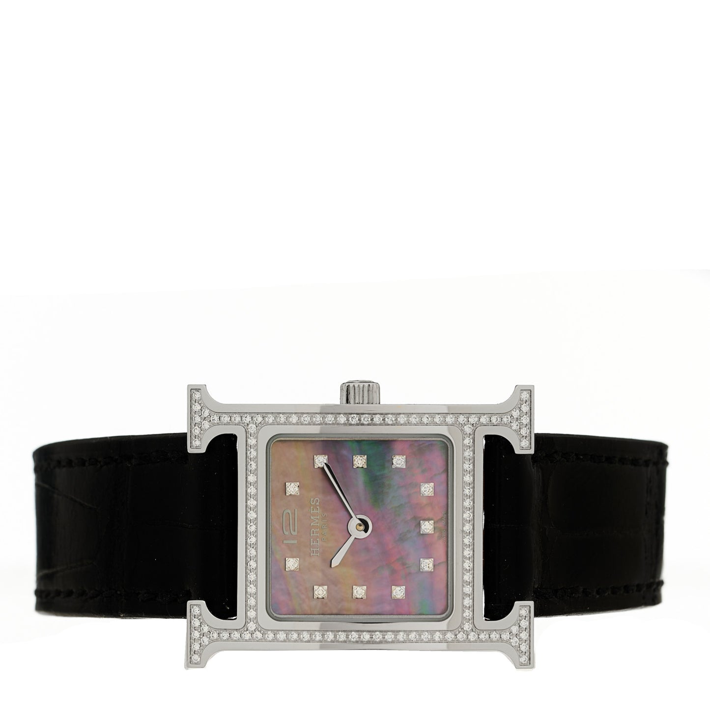 Stainless Steel Alligator Diamond Bezel Black Mother of Pearl 17.2mm Heure H Hour Quartz Watch Graphite