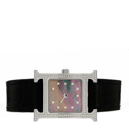 Hermes Stainless Steel Alligator Diamond Bezel Black Mother of Pearl 17.2mm Heure H Hour Quartz Watch Graphite 2 of 5