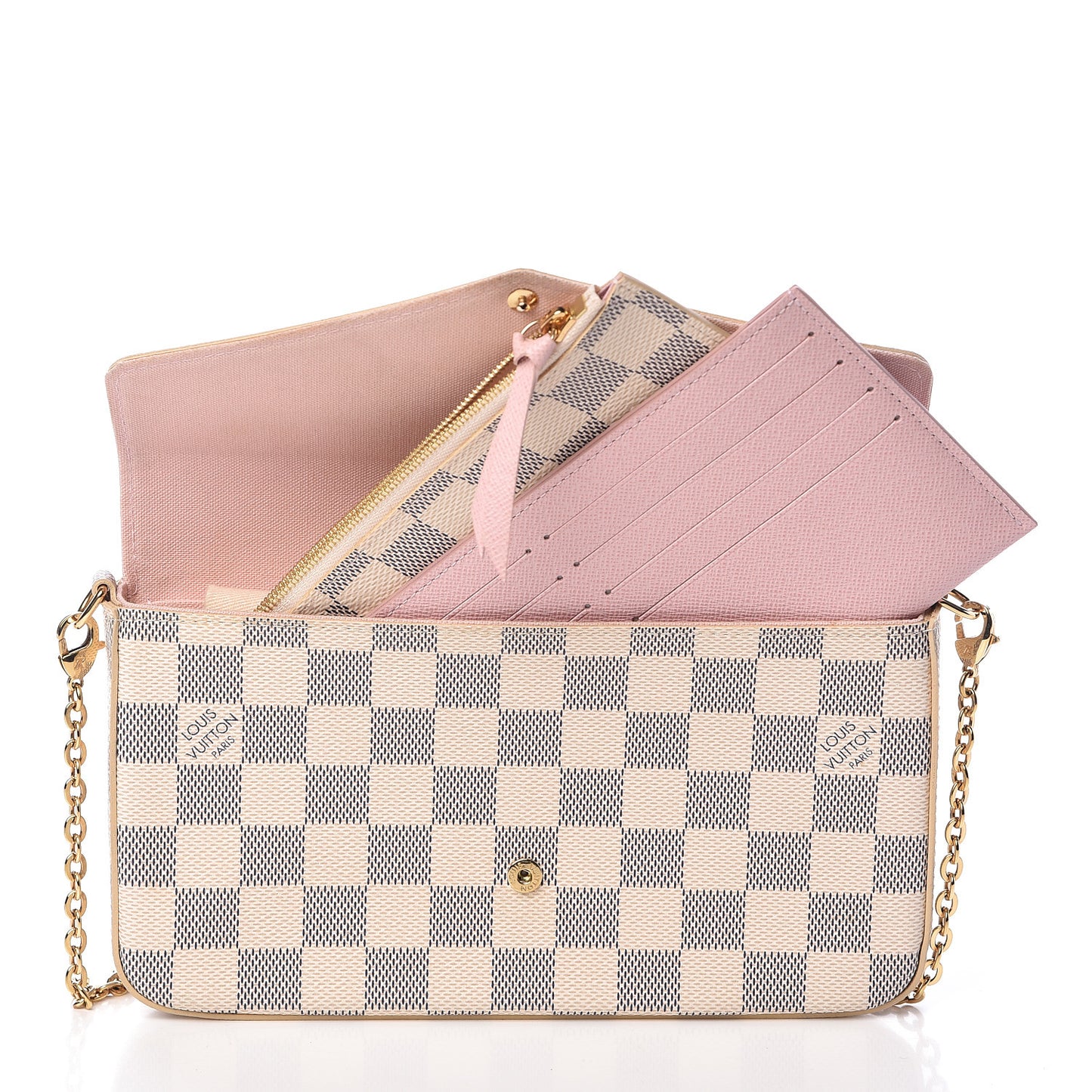Damier Azur Pochette Felicie Chain Wallet Rose Ballerine