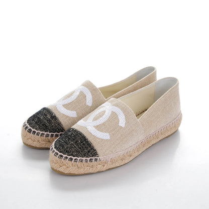 Chanel Toile Sequin CC Espadrilles 36 Beige Black 3 of 7