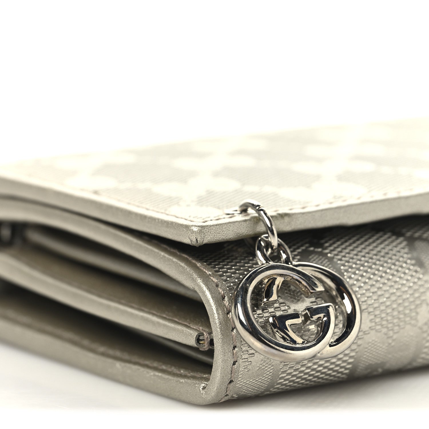 Gucci Imprime Monogram GG Pierce Chain Clutch Wallet Silver