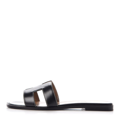 Hermes Box Calfskin Oran Sandals 37.5 Black 1 of 8