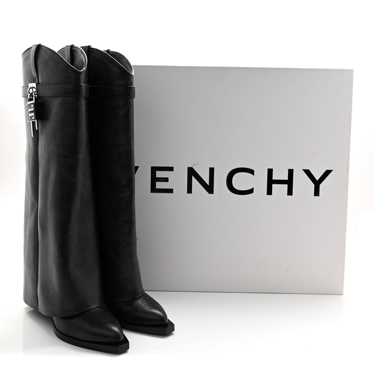 Calfskin Cowboy Shark Lock High Boots 38 Black