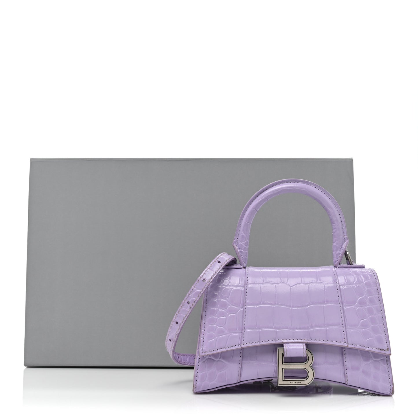 Shiny Calfskin Crocodile Embossed Hourglass Top Handle Bag XS Lilac