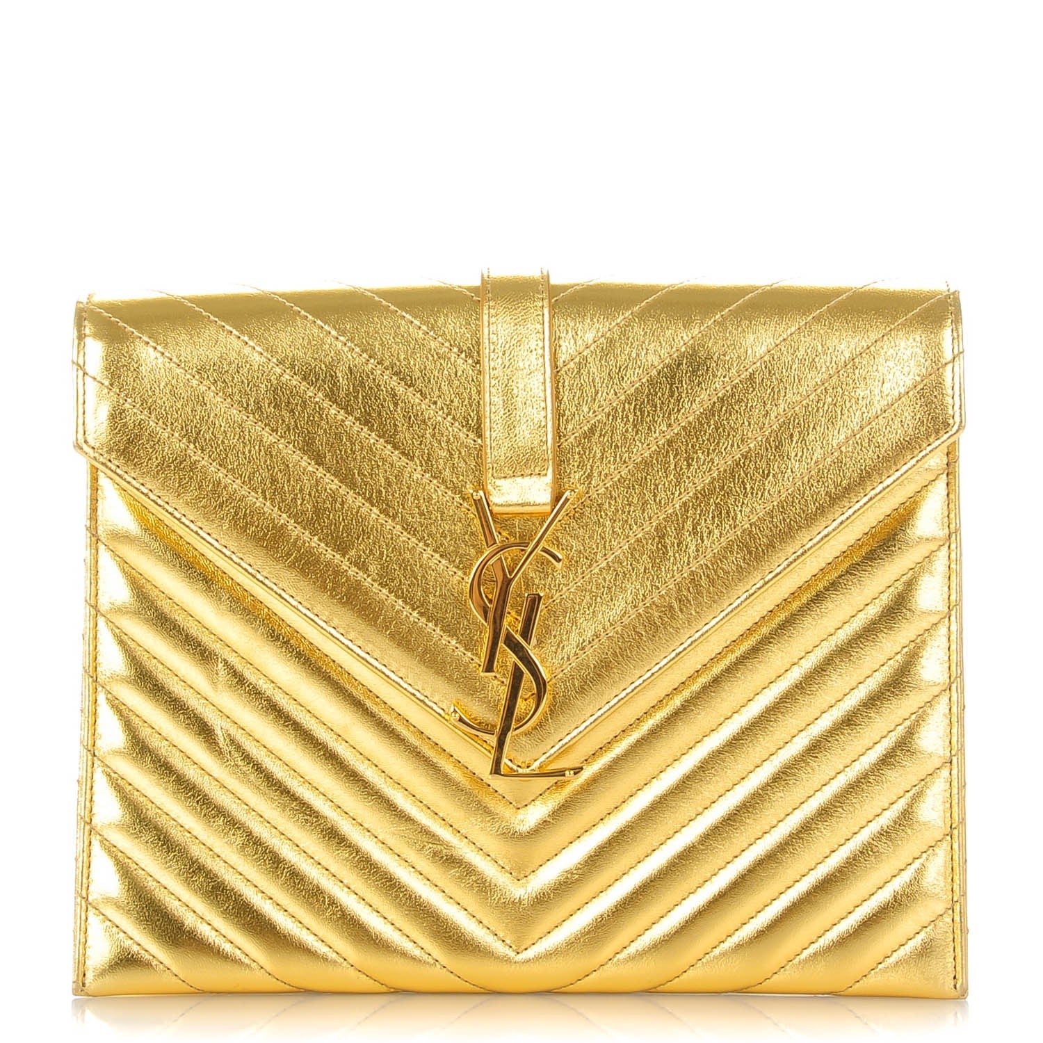 Saint Laurent Metallic Lambskin Matelasse Chevron Medium Monogram Satchel Gold 1 of 8