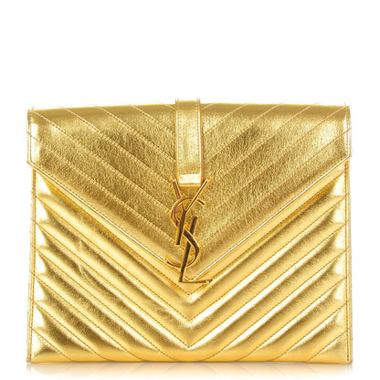 Saint Laurent Metallic Lambskin Matelasse Chevron Medium Monogram Satchel Gold 1 of 8