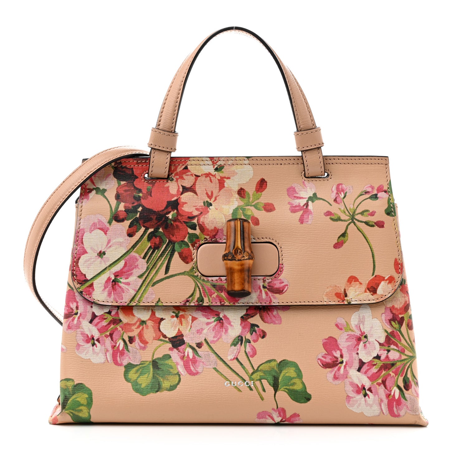Shangai Calfskin Blooms Print Small Bamboo Daily Top Handle Bag Pink Apricot Multicolor